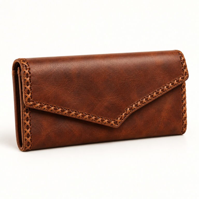 Brown Leather Long Wallet – Laced Edge Flap