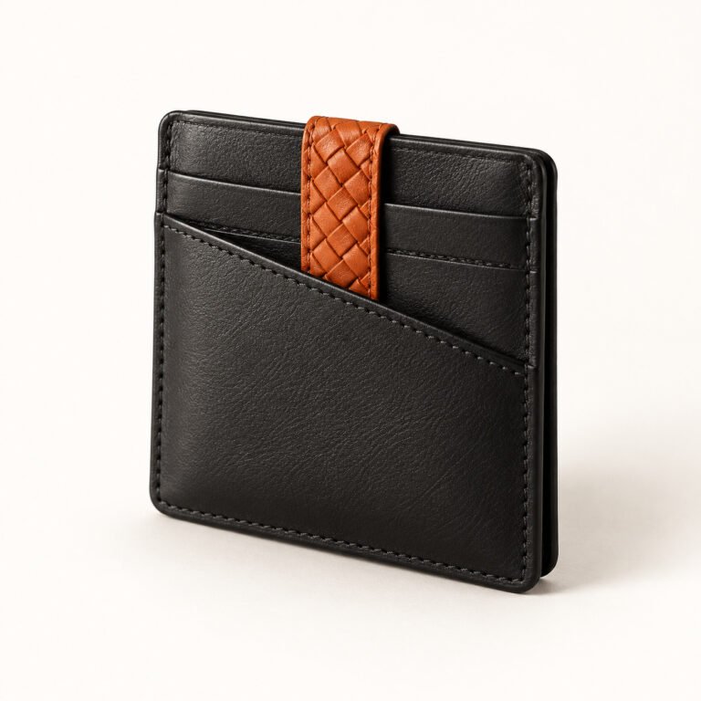 Black Leather Card Holder – Orange Pull Tab