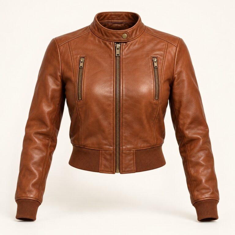 Women's Cognac Cropped Flight Leather Bomber Jacket