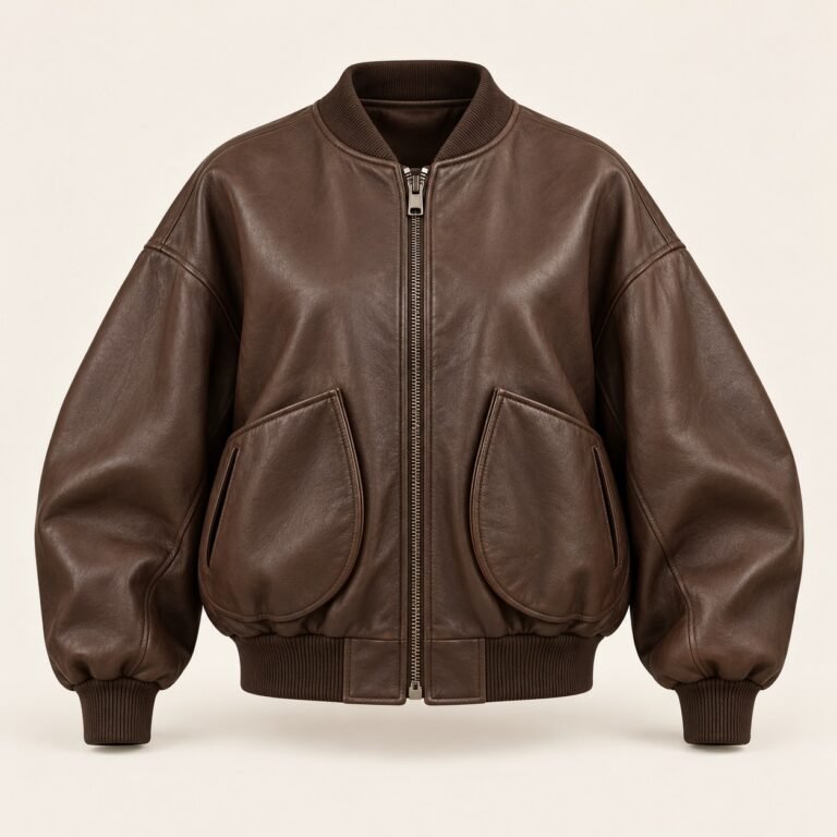 Women's Chocolate Oversized Cocoon Leather Bomber Jacket