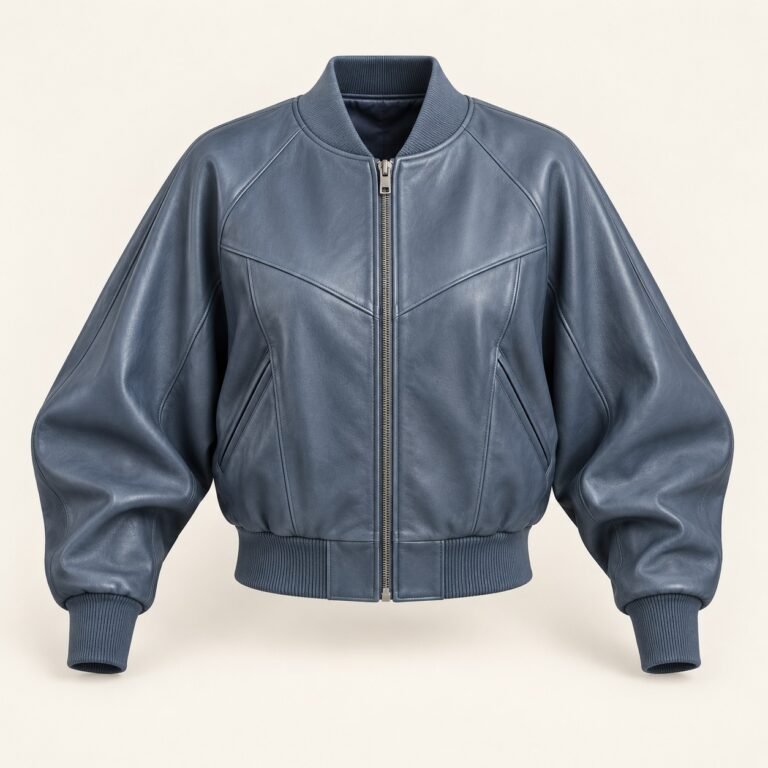 Women's Slate Blue Dolman Sleeve Leather Bomber Jacket