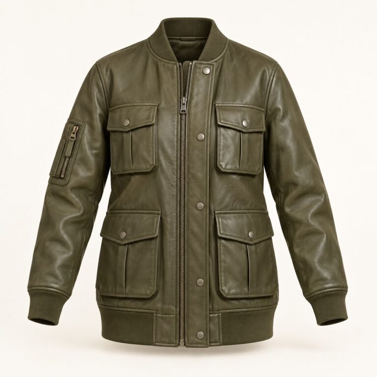 Women's Olive Longline Utility Leather Bomber Jacket