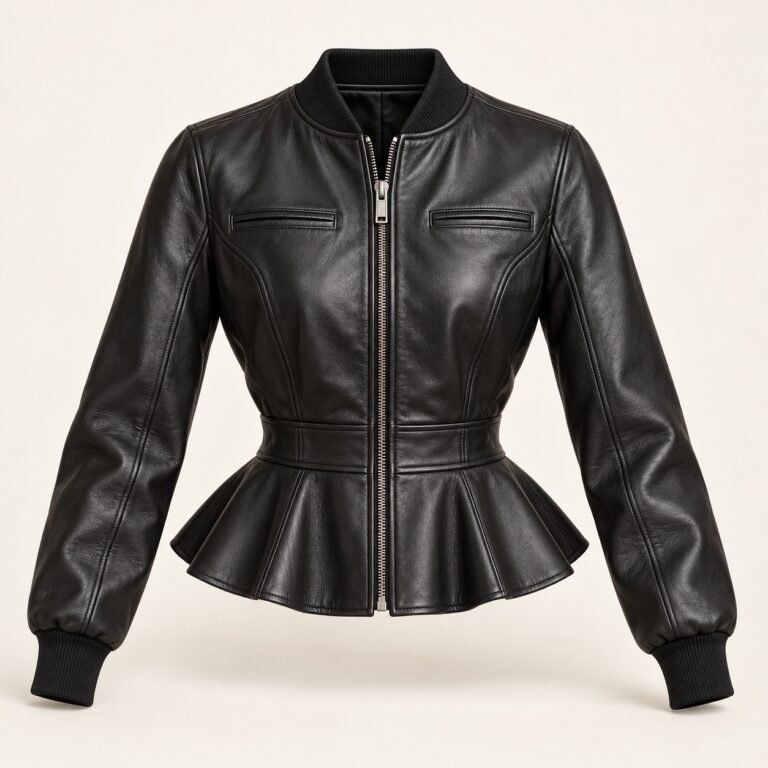 Women's Black Peplum Leather Bomber Jacket