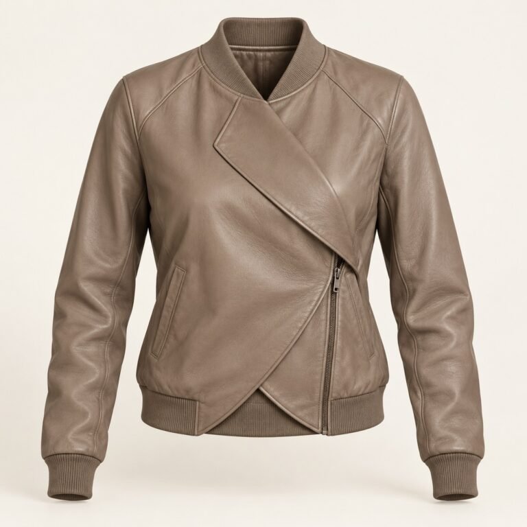 Women's Taupe Wrap Front Leather Bomber Jacket