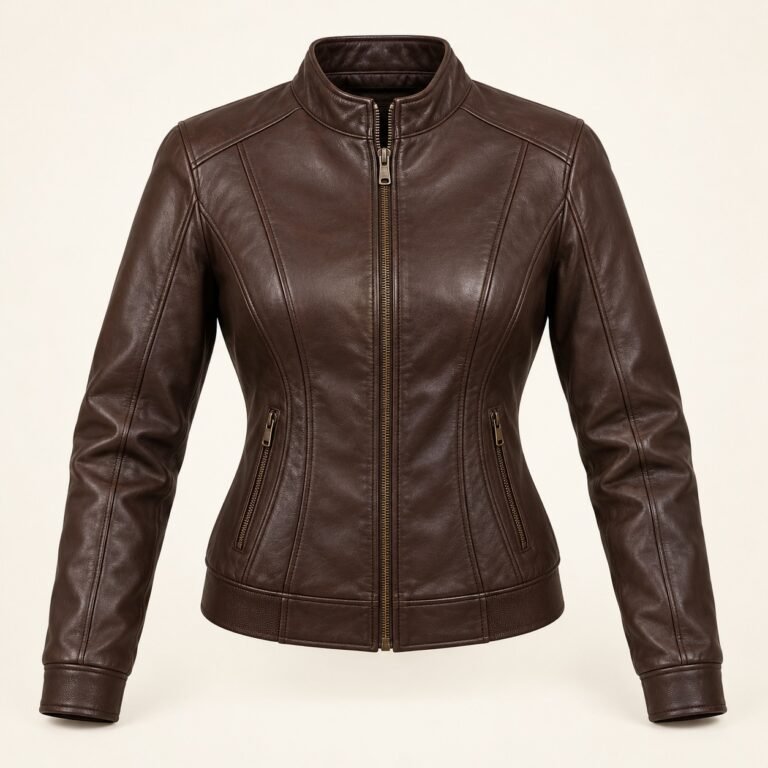 Women's Espresso Fitted Panel Leather Bomber Jacket