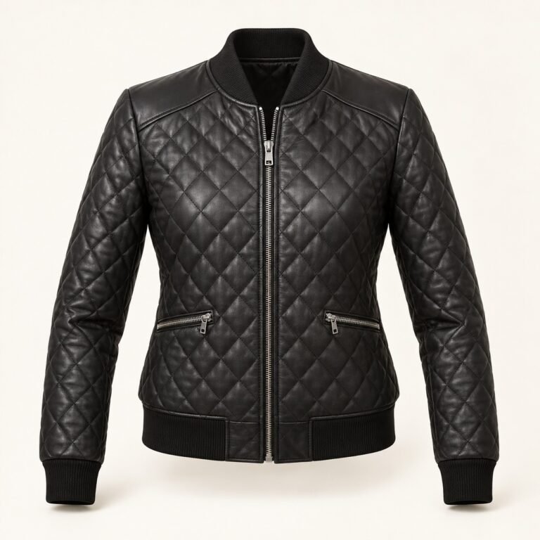 Women's Black Diamond Quilted Leather Bomber Jacket