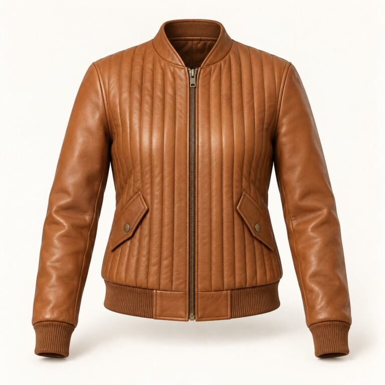 Women's Caramel Channel Quilted Leather Bomber Jacket