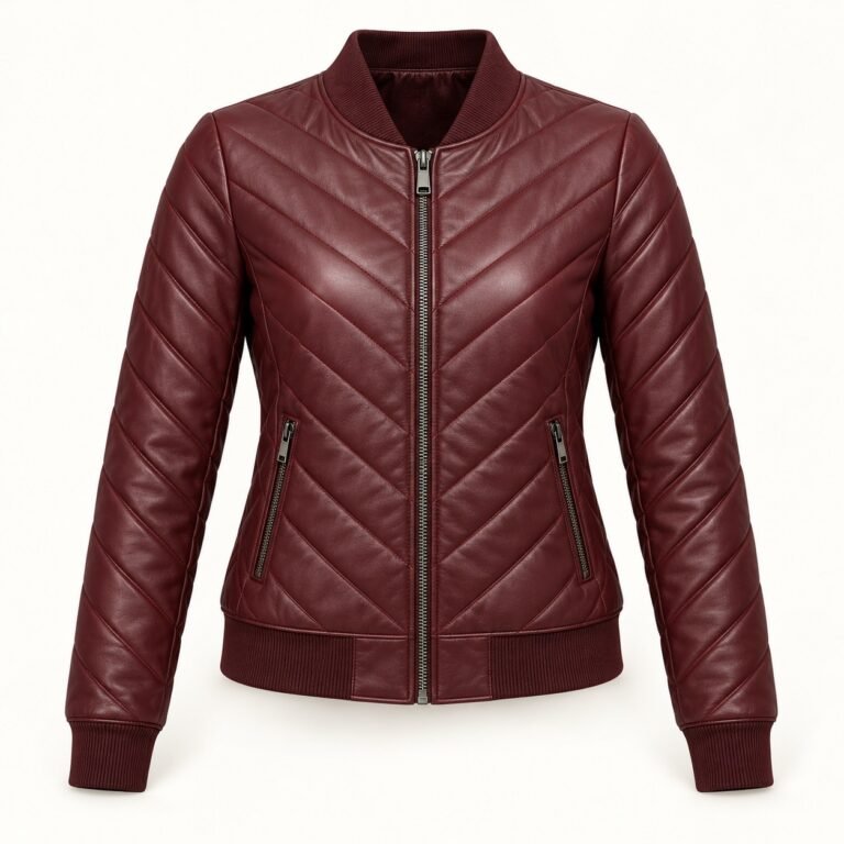 Women's Burgundy Chevron Quilted Leather Bomber Jacket