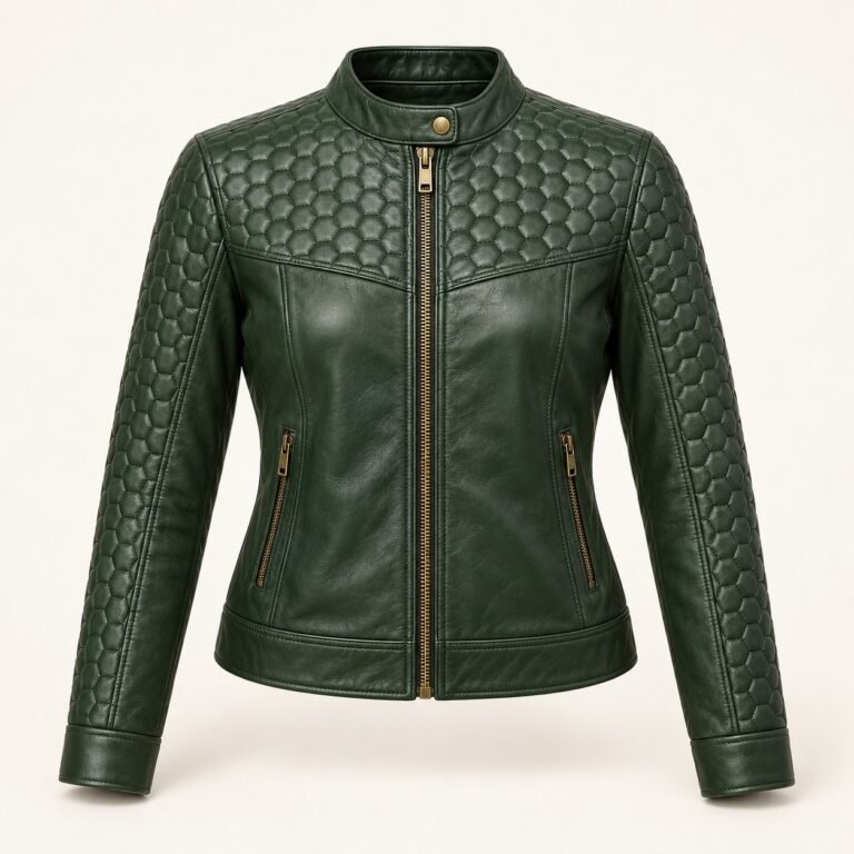 Women's Forest Green Honeycomb Quilted Leather Bomber Jacket