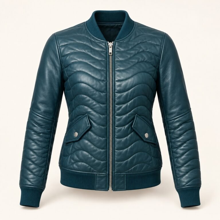 Women's Deep Teal Wave Quilted Leather Bomber Jacket
