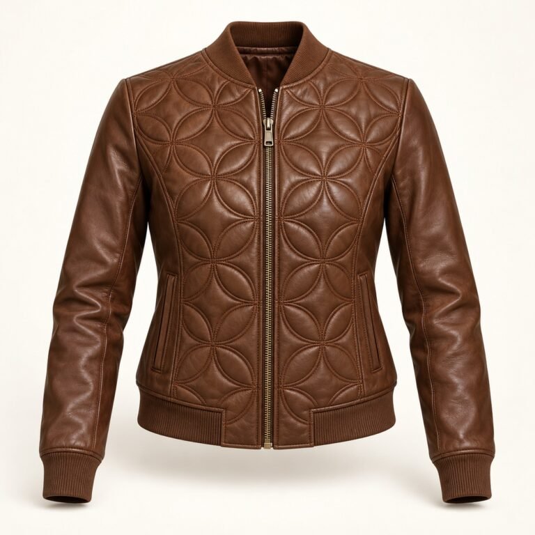 Women's Bronze Brown Medallion Quilted Leather Bomber Jacket