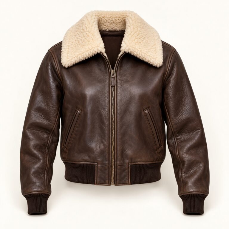 Women's Dark Brown Shearling Style Collar Leather Bomber Jacket