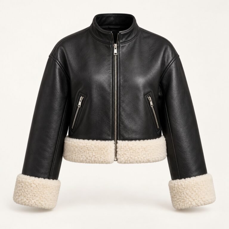 Women's Black Shearling Style Cuff Leather Bomber Jacket