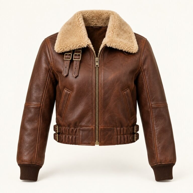 Women's Chestnut Buckle Aviator Leather Bomber Jacket