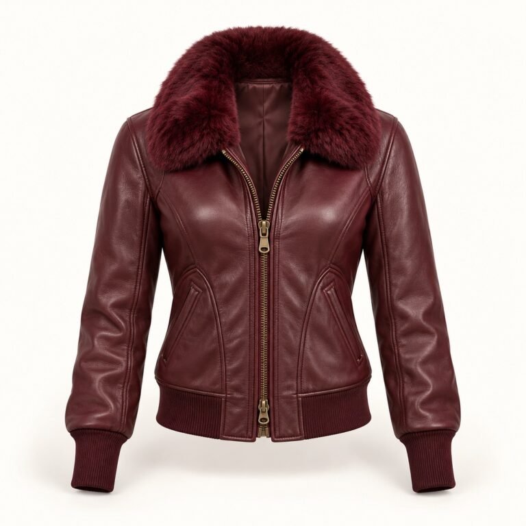 Women's Burgundy Faux Fur Collar Leather Bomber Jacket