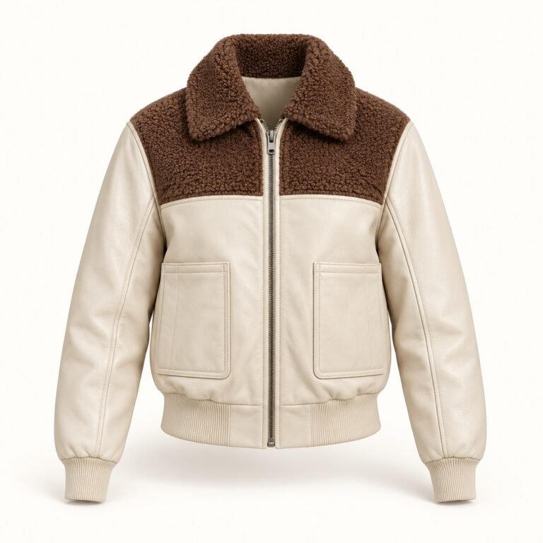 Women's Cream Teddy Yoke Leather Bomber Jacket