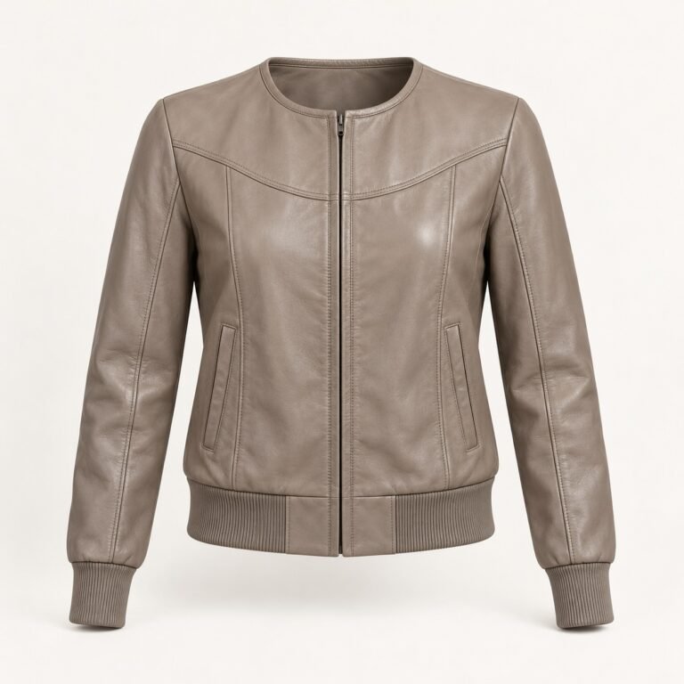 Women's Stone Collarless Leather Bomber Jacket