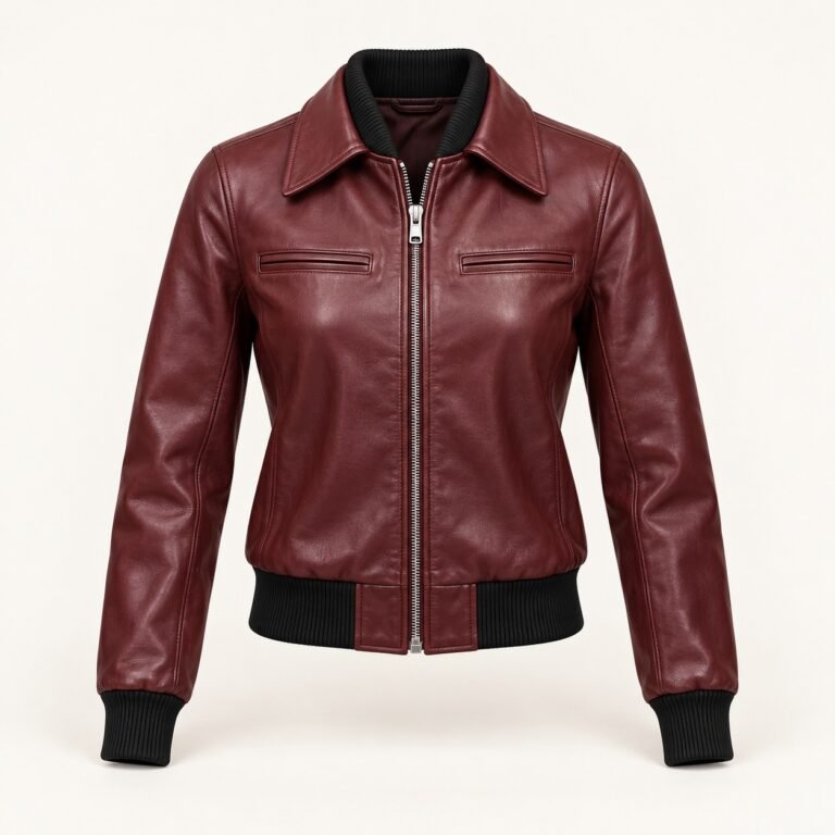 Women's Burgundy Double Collar Leather Bomber Jacket