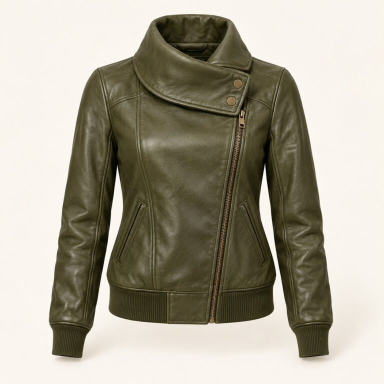 Women's Olive Foldover Neck Leather Bomber Jacket