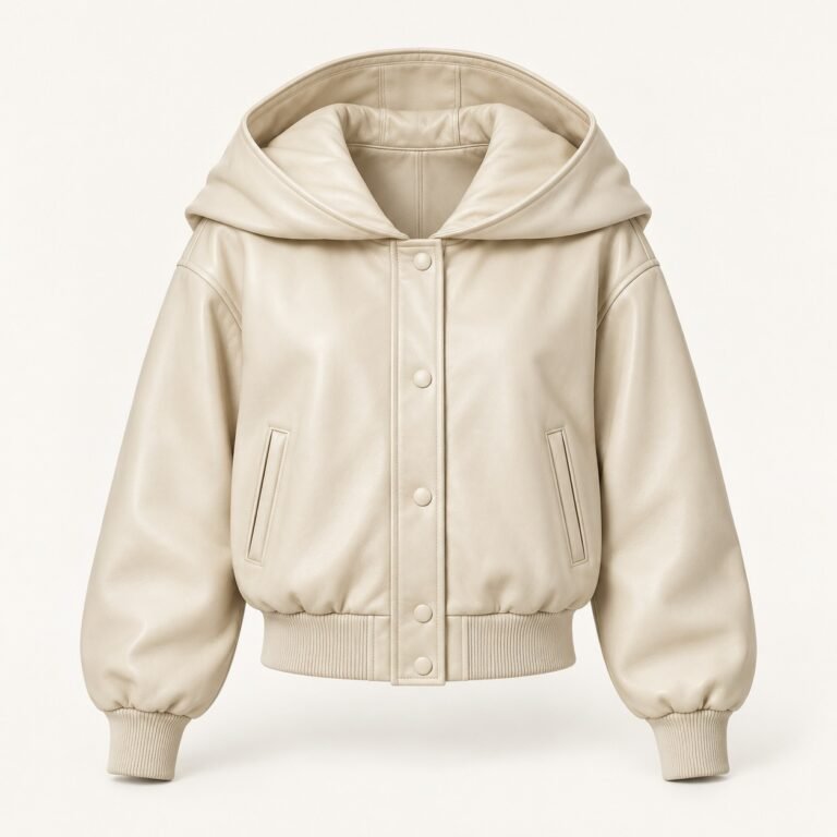 Women's Cream Draped Hood Leather Bomber Jacket