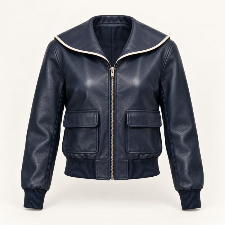 Women's Navy Sailor Collar Leather Bomber Jacket