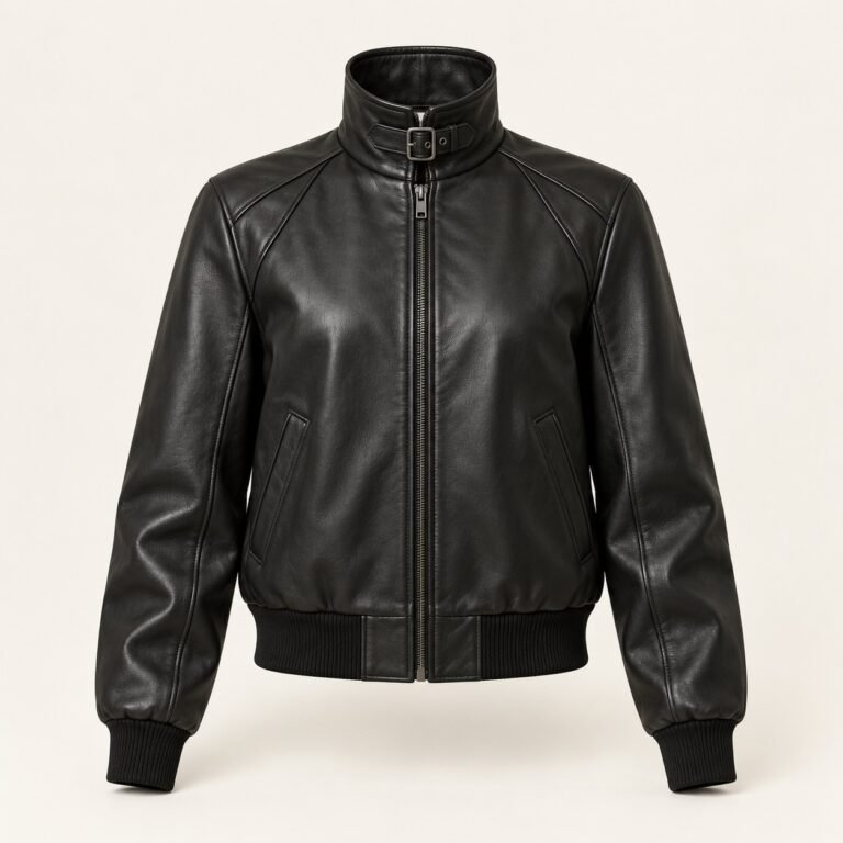 Women's Black Buckle Collar Leather Bomber Jacket
