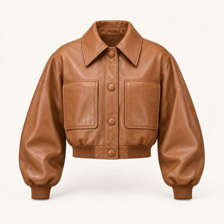 Women's Tan Shirt Collar Cropped Leather Bomber Jacket