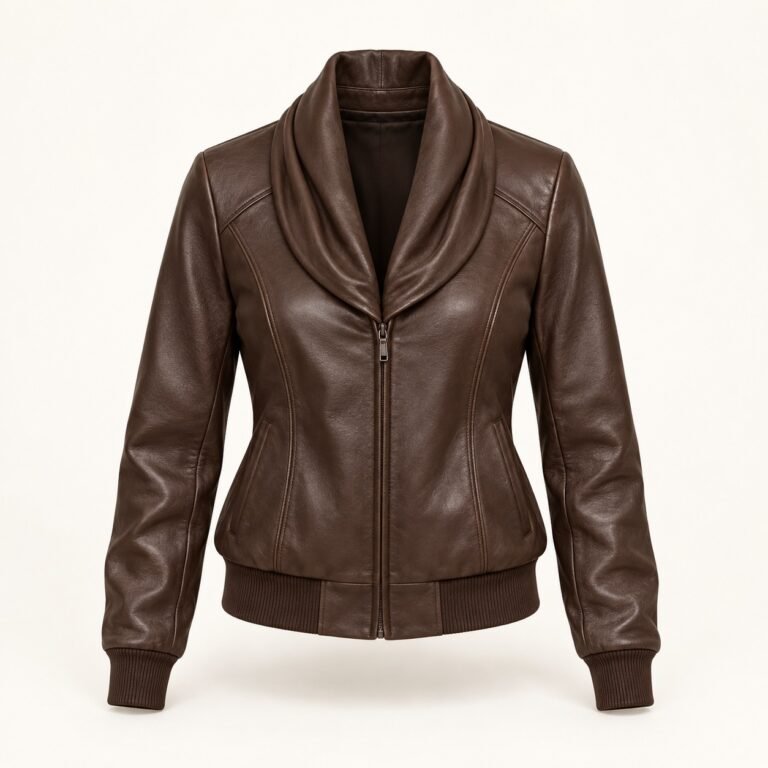 Women's Espresso Draped Shawl Leather Bomber Jacket