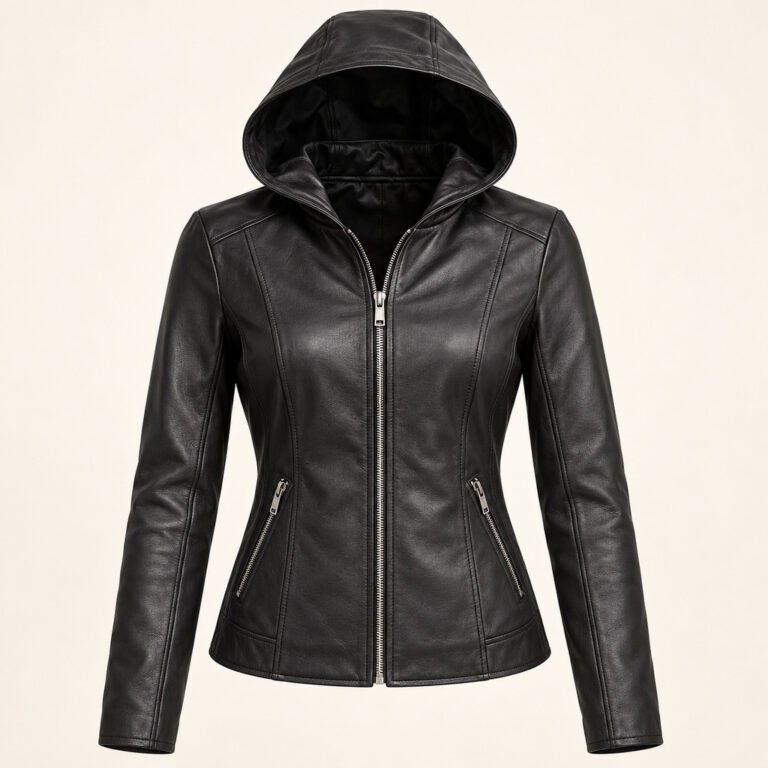 Women's Black Hooded Leather Jacket - Classic Zip
