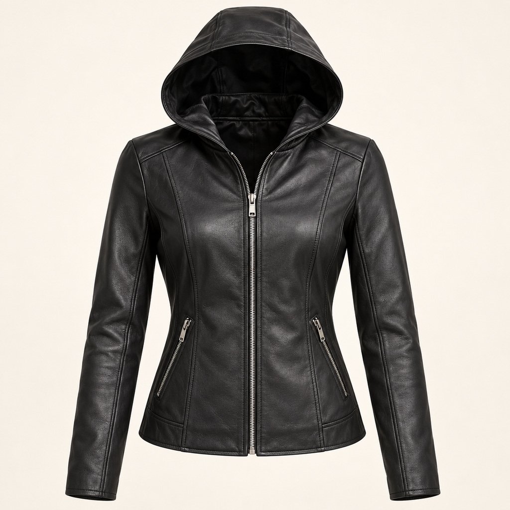 Women's Black Hooded Leather Jacket - Classic Zip