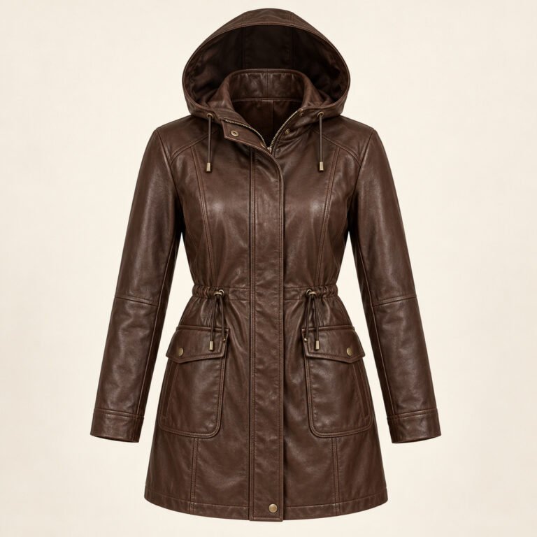 Women's Chocolate Hooded Leather Jacket - Longline Parka