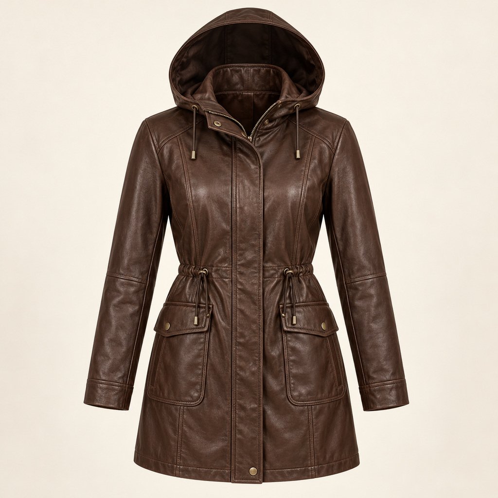 Women's Chocolate Hooded Leather Jacket - Longline Parka