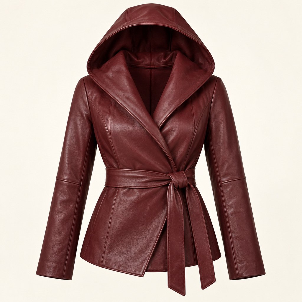 Women's Burgundy Hooded Leather Jacket - Wrap Belt