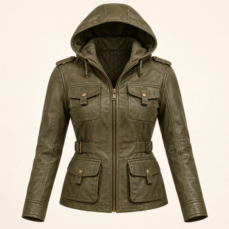 Women's Olive Hooded Leather Jacket - Utility Cargo