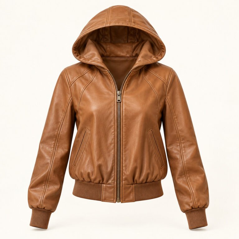 Women's Tan Hooded Leather Bomber Jacket