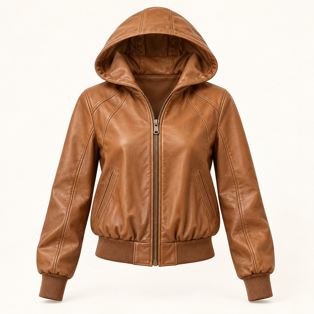 Women's Tan Hooded Leather Bomber Jacket