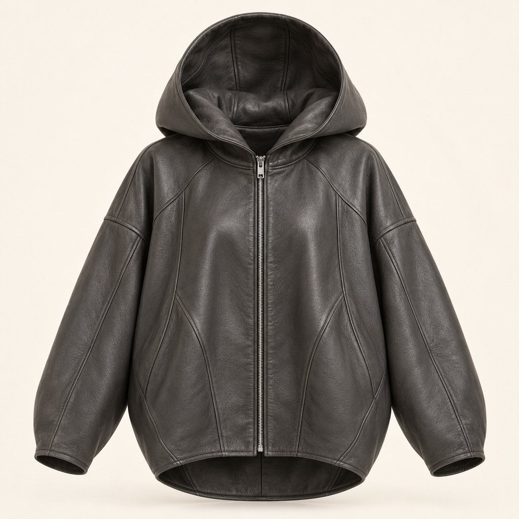 Women's Charcoal Hooded Leather Jacket - Oversized Cocoon