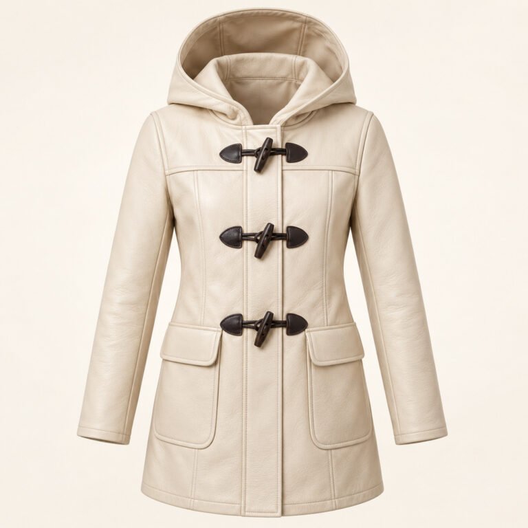 Women's Cream Hooded Leather Jacket - Toggle Front