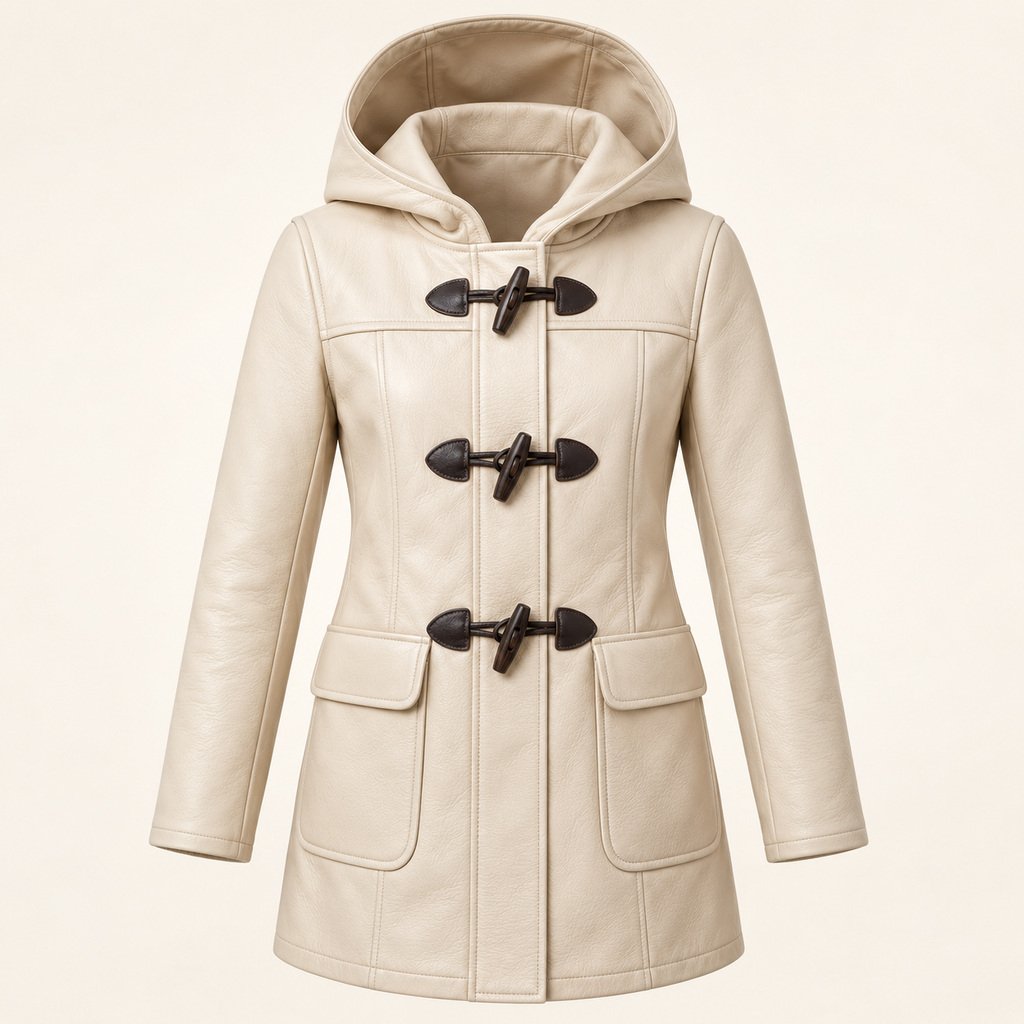 Women's Cream Hooded Leather Jacket - Toggle Front