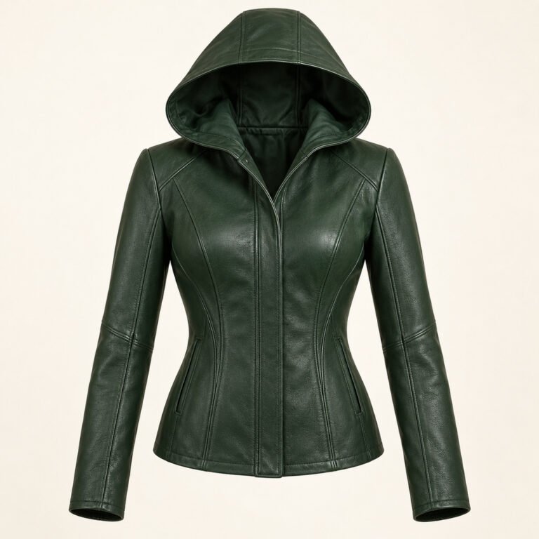 Women's Forest Green Hooded Leather Jacket - Corset Seam