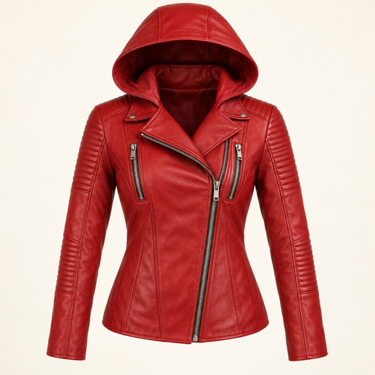 Women's Red Hooded Leather Jacket - Double Zip Moto