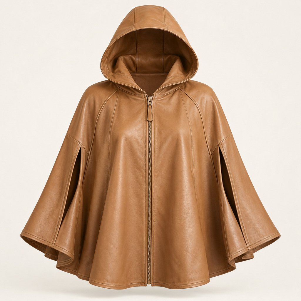 Women's Camel Hooded Leather Cape Jacket