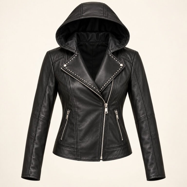 Women's Black Hooded Leather Jacket - Studded Lapel