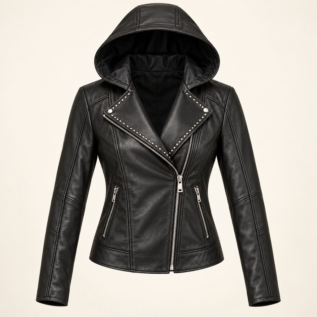 Women's Black Hooded Leather Jacket - Studded Lapel