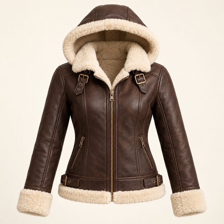 Women's Espresso Hooded Leather Jacket with Contrast Trim