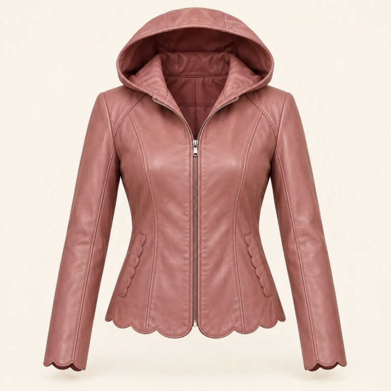 Women's Dusty Rose Hooded Leather Jacket - Scalloped Hem