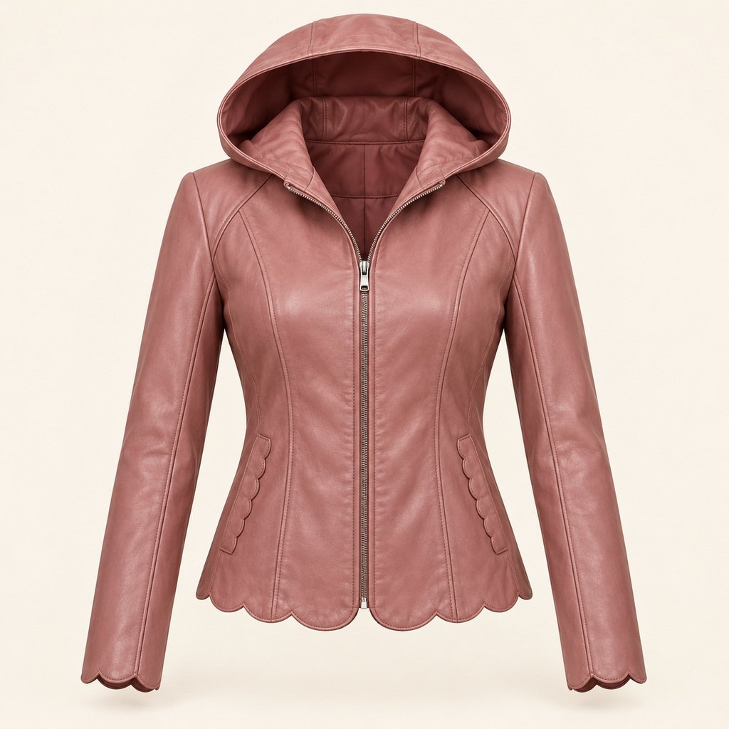 Women's Dusty Rose Hooded Leather Jacket - Scalloped Hem