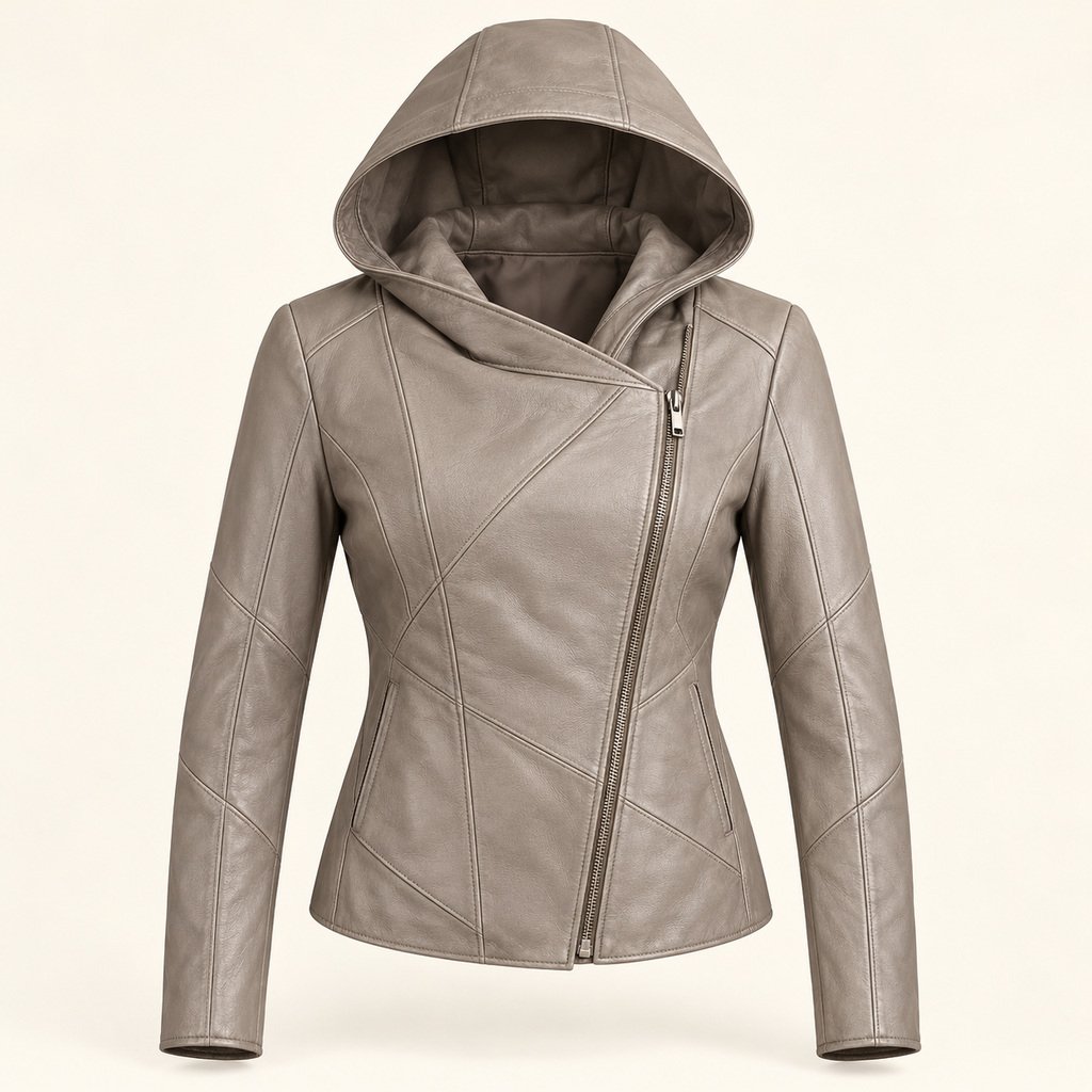 Women's Stone Grey Hooded Leather Jacket - Diagonal Panel