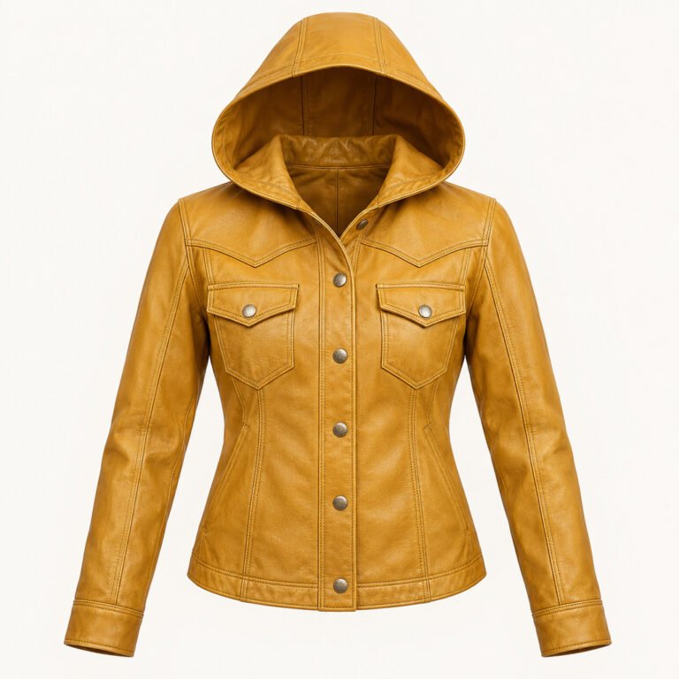 Women's Mustard Hooded Leather Jacket - Retro Yoke