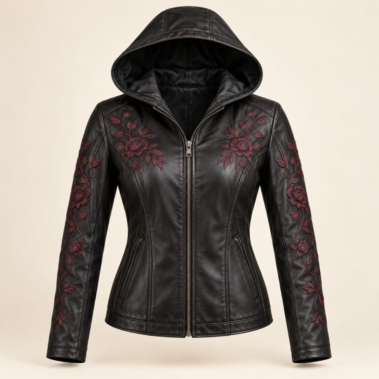Women's Black Floral Embroidered Hooded Leather Jacket